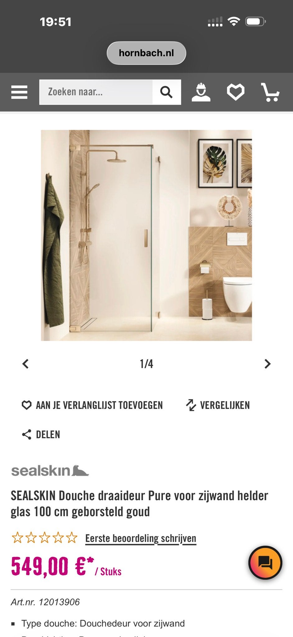 SEALSKIN Douche draaideur Pure voor nis helder glas90cm goud, Ophalen, Nieuw, Met douche