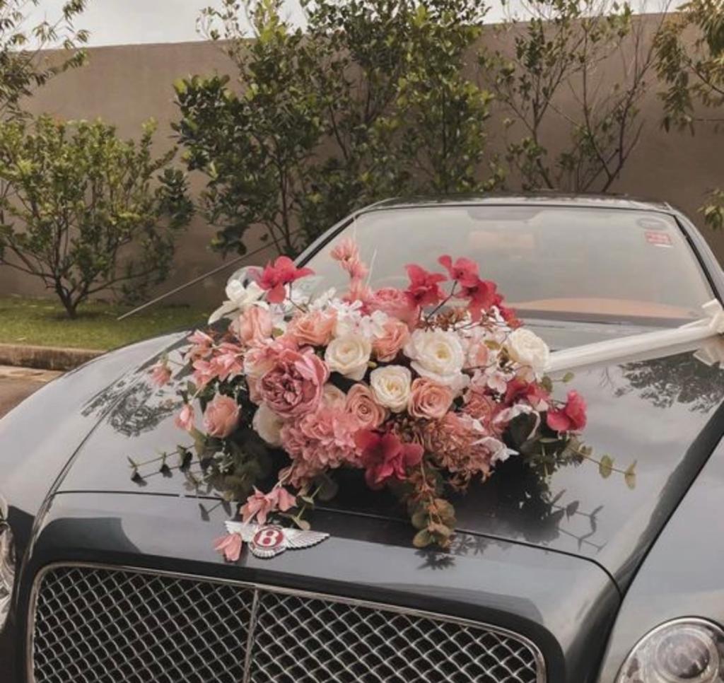 Bruiloft auto bloemstuk - Roze/Wit, Ophalen, Handgemaakt, Textiel, Meerkleurig