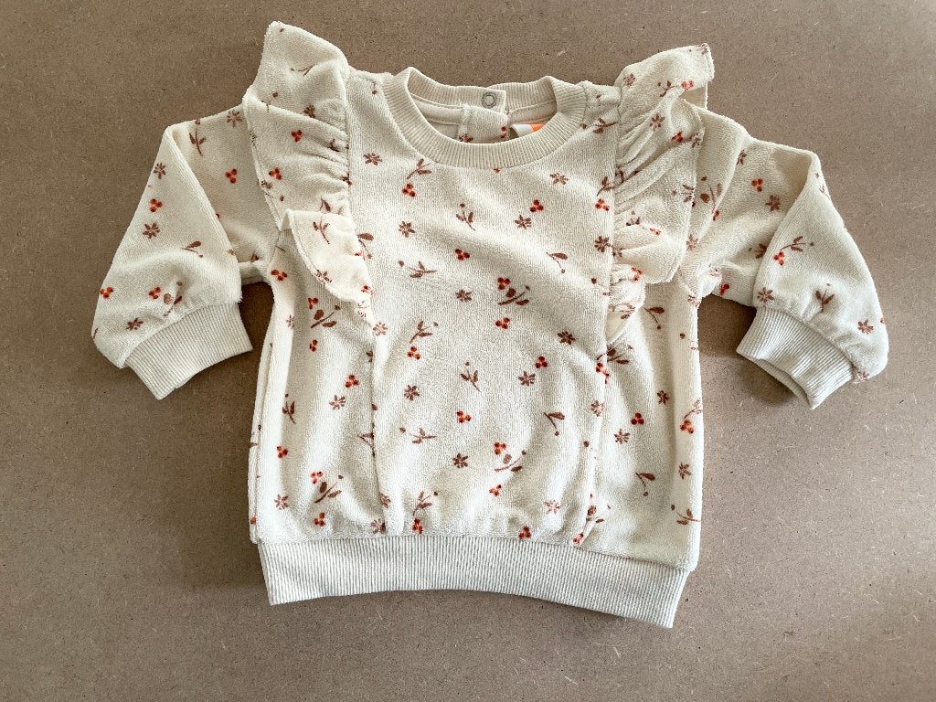 Hema truitje maat 68 met ruches en bloemenprint, Ophalen of Verzenden, Zo goed als nieuw, Hema, Truitje of Vestje