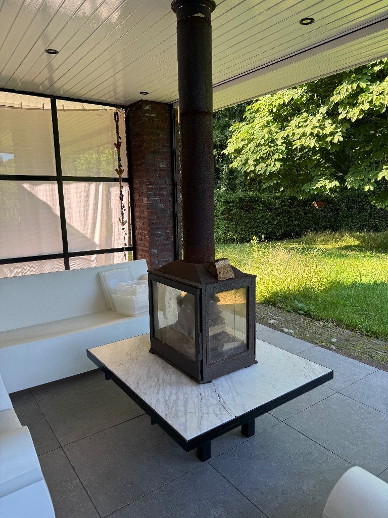 marmeren tuintafel en eventueel buitenkachel, Tuin en Terras, Ophalen, Gebruikt, Rechthoekig, Metaal