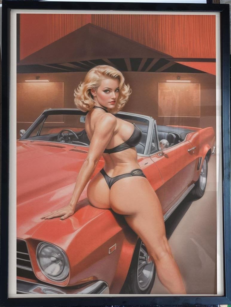 [Poster in Frame] Sexy Blond Pin up girl Classic Car Auto, Verzenden, Nieuw, Auto's