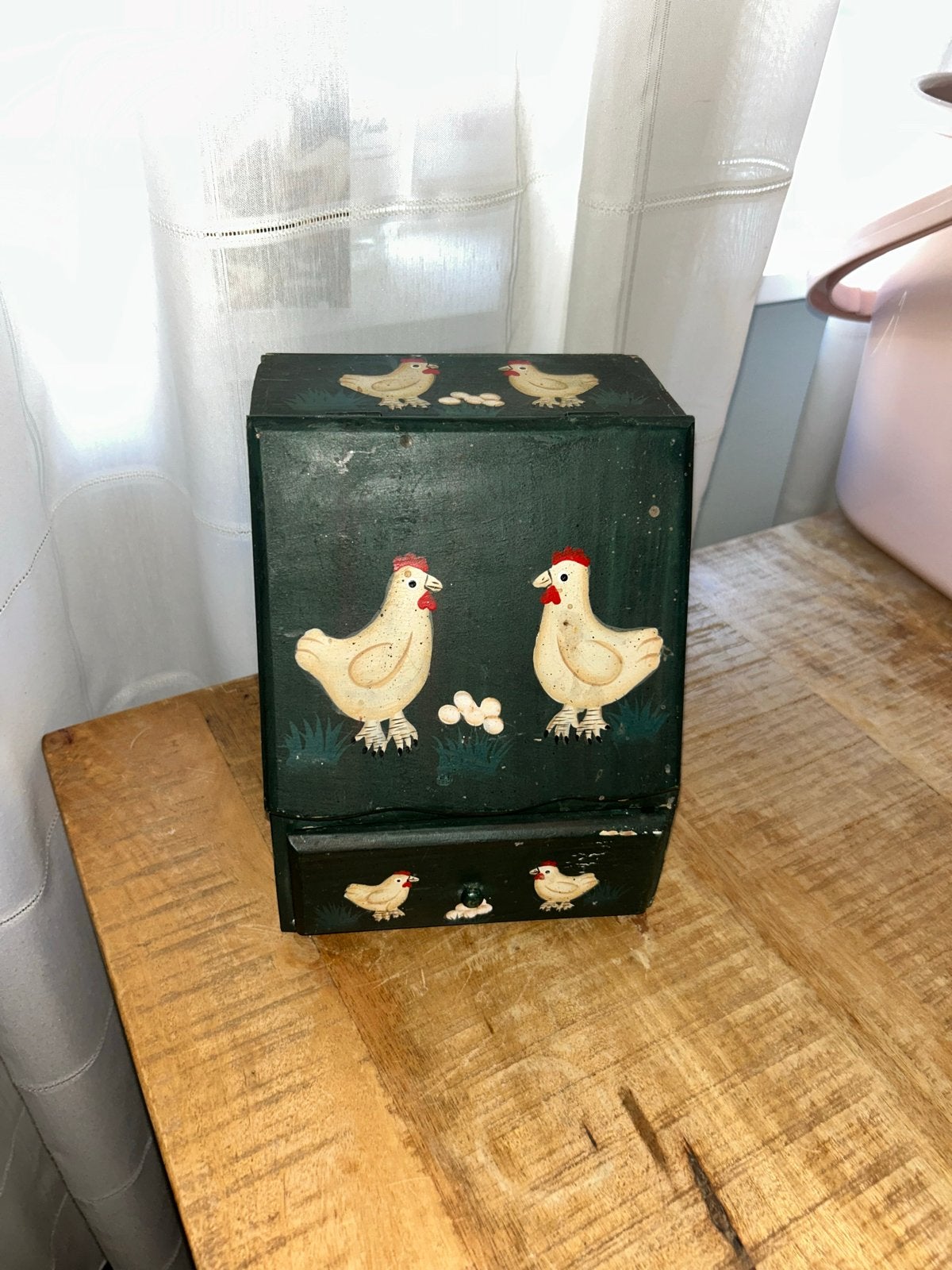 Vintage houten mini kastje met kipjes en eieren decoratie, Ophalen of Verzenden
