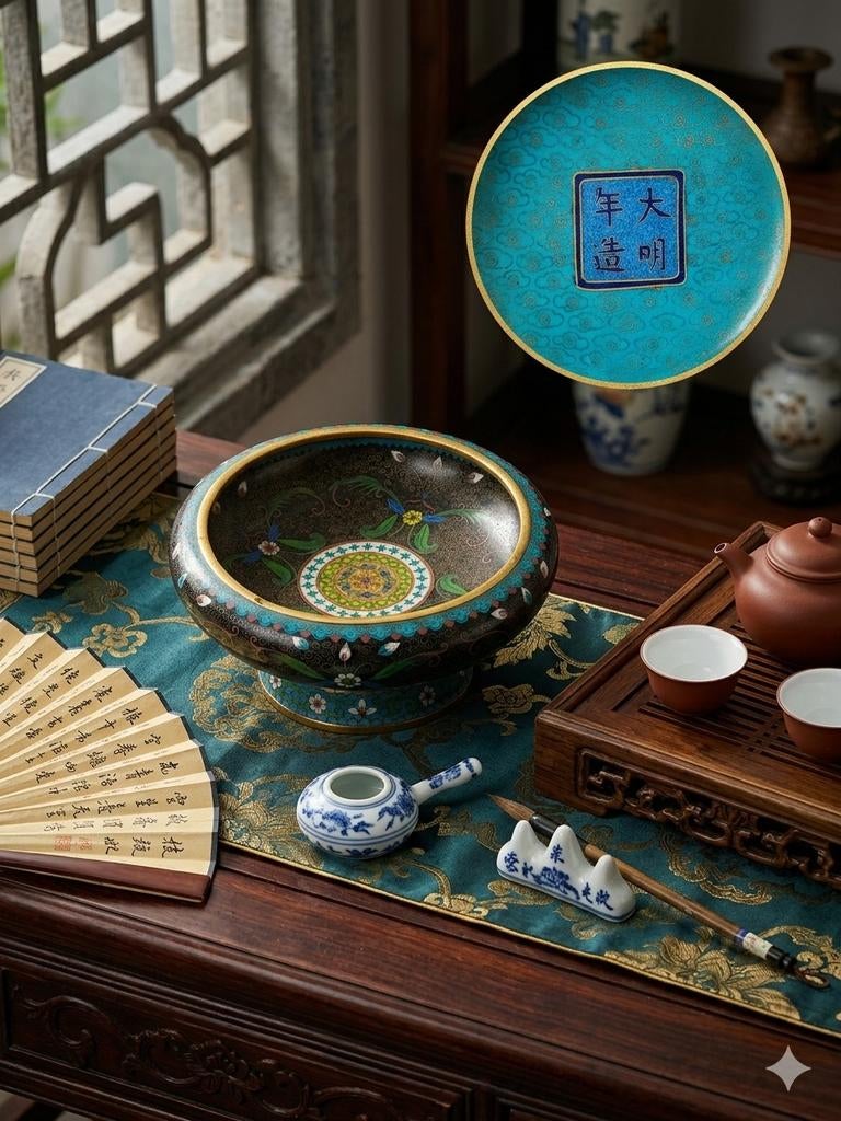 Prachtige Chinese Cloisonné Schaal met Ming Dynastie Merk, Ophalen of Verzenden