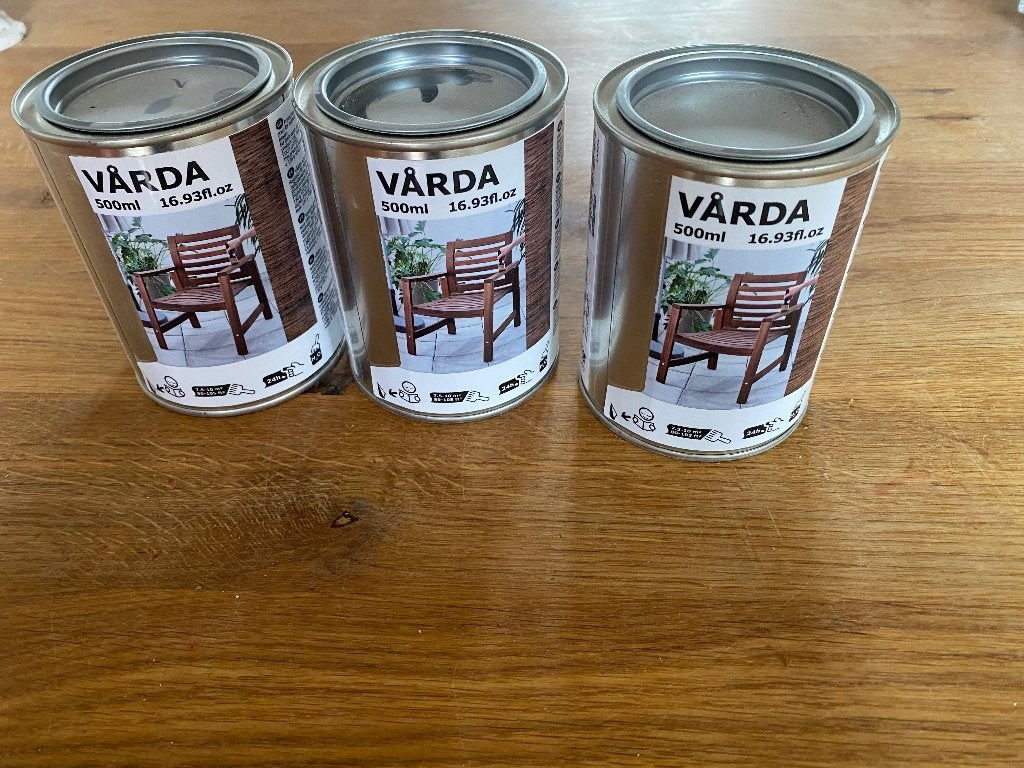 3 blikken Tuinmeubel lazuur/lak, Ophalen, Nieuw