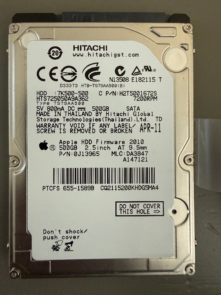 Hitachi 500 GB laptop-HDD, 7200 rpm, Apple-firmware, Intern, Gebruikt, Ophalen of Verzenden, 500 GB