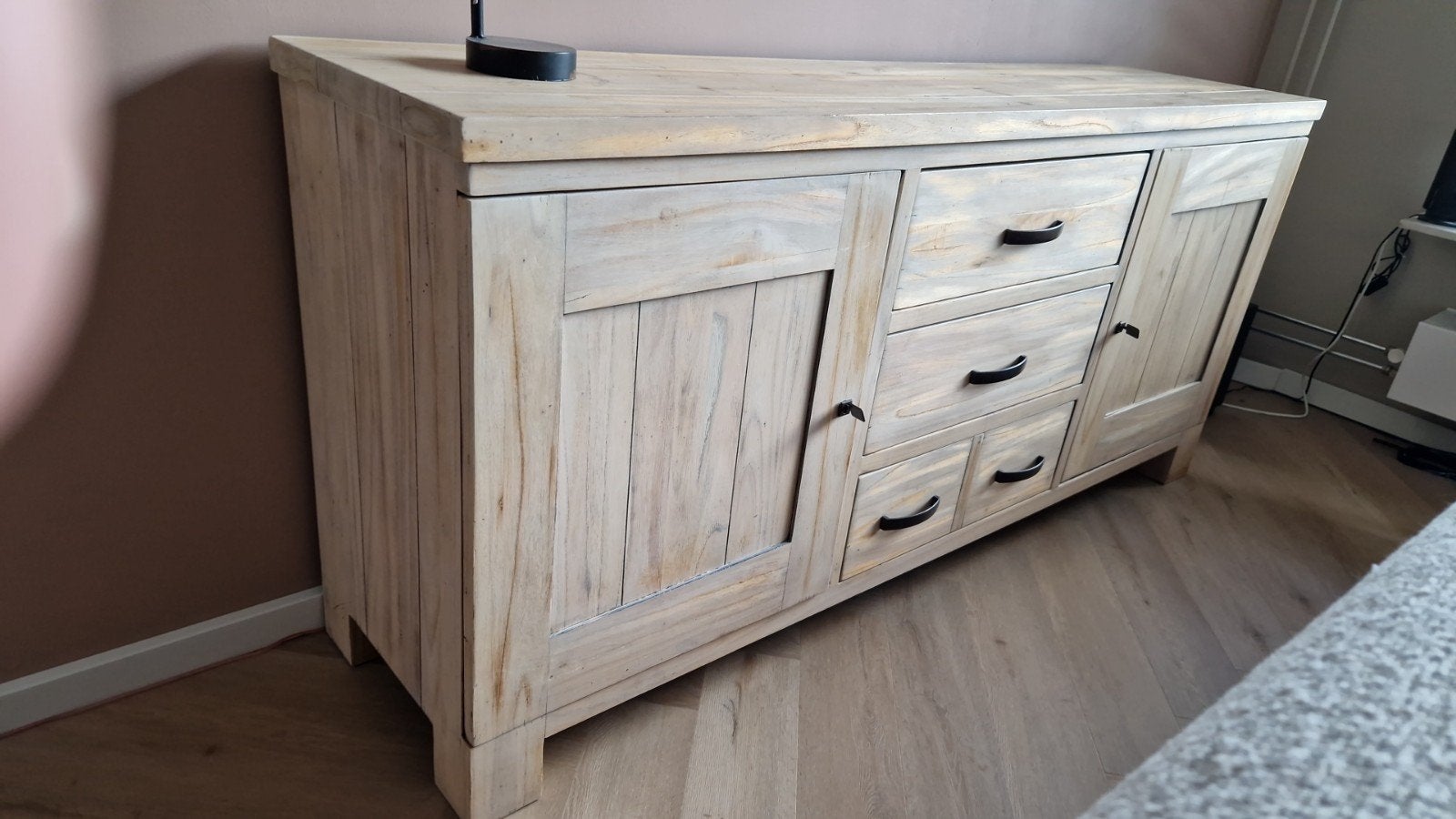 Zware kwaliteit dressoir mango hout whitewash, lades/planken, Ophalen, Gebruikt, 25 tot 50 cm, 150 tot 200 cm