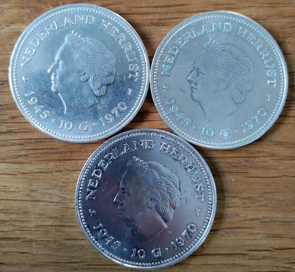 3x Zilveren 10 Gulden Munt 1970 - Nederland Herrijst, Koningin Juliana, Setje, Zilver, Ophalen of Verzenden