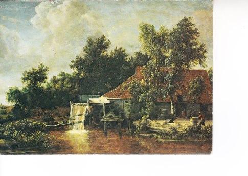 KUNST: Watermolen door Meyndert Hobbema. 07-04, Ophalen of Verzenden, 1960 tot 1980, Gelopen, Overige thema's