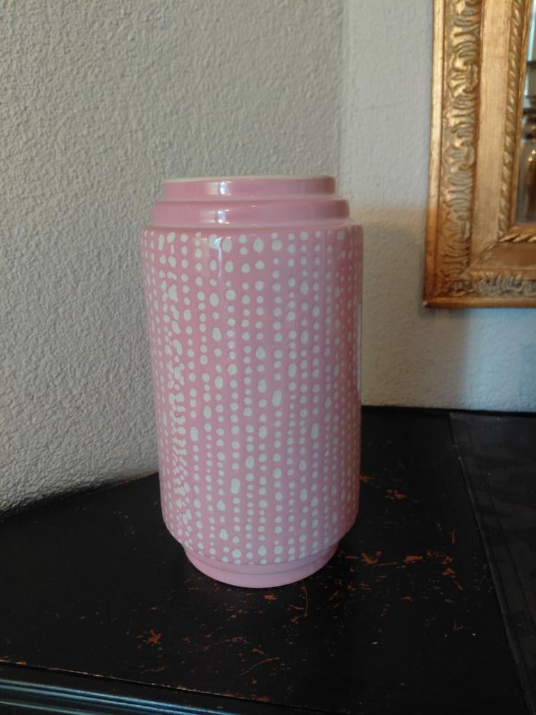 Roze keramieken cilinder vaas met stippen, Ophalen of Verzenden, Zo goed als nieuw, Overige kleuren