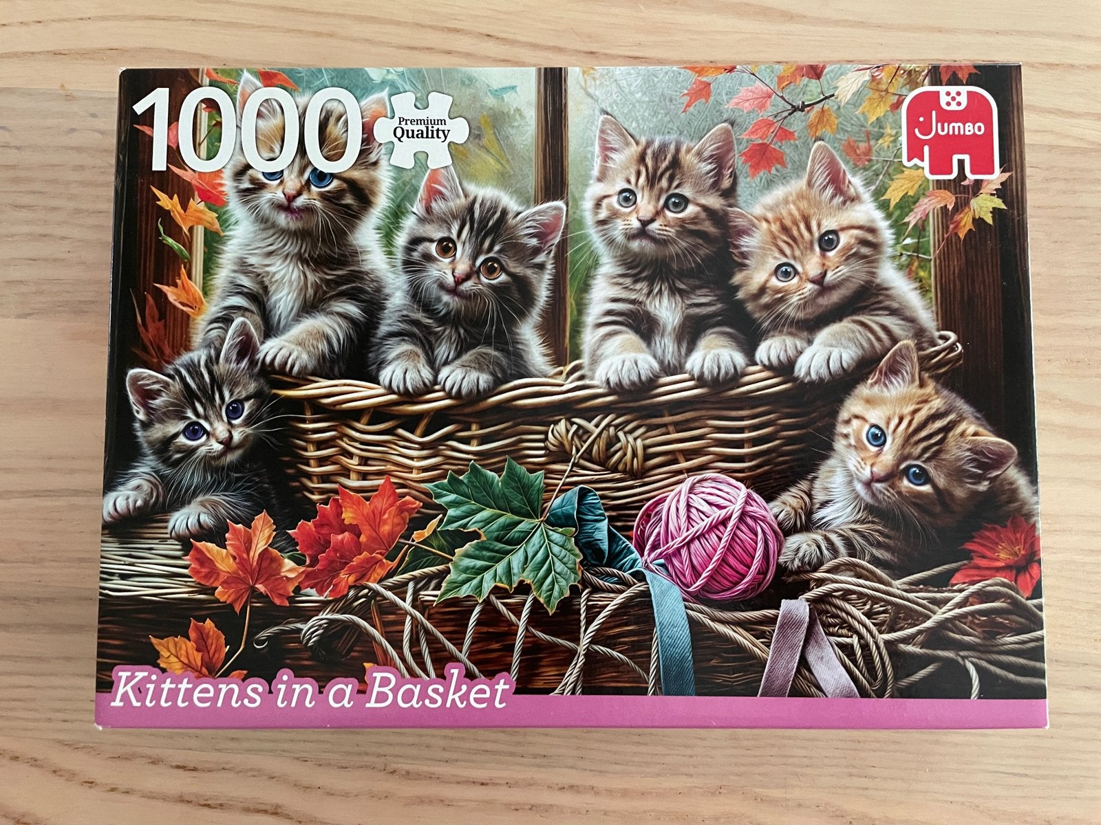 Jumbo Legpuzzel 1000 stukjes - Kittens in een mand, Hobby en Vrije tijd, Denksport en Puzzels, Zo goed als nieuw, Legpuzzel, 500 t/m 1500 stukjes