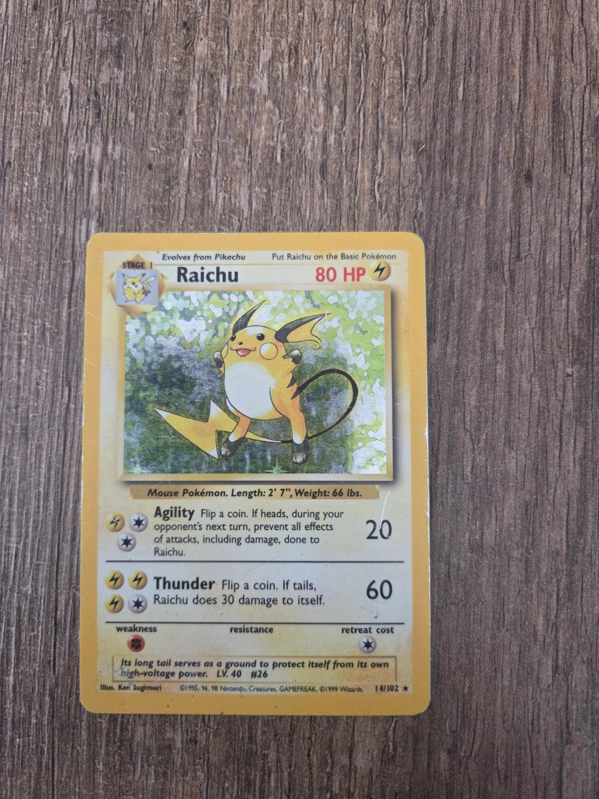 Raichu Pokémon Kaart 14/102 Base Set LV.40 #26, Ophalen of Verzenden, Gebruikt, Losse kaart