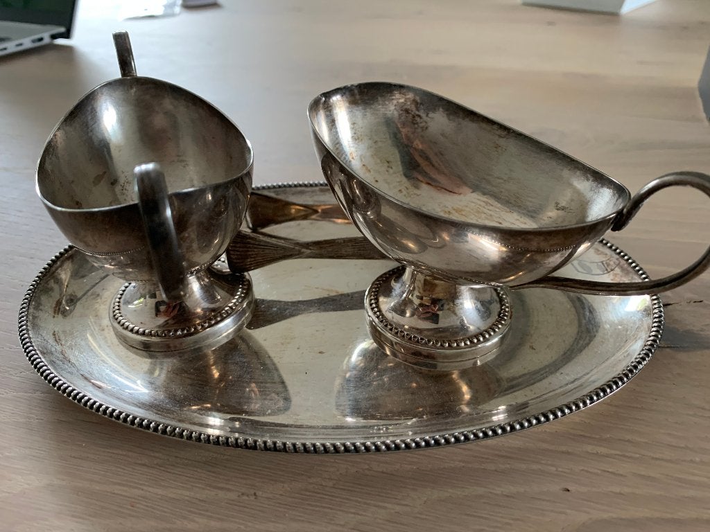 Verzilverd roomstel op blaadje met suikertang, Ophalen of Verzenden