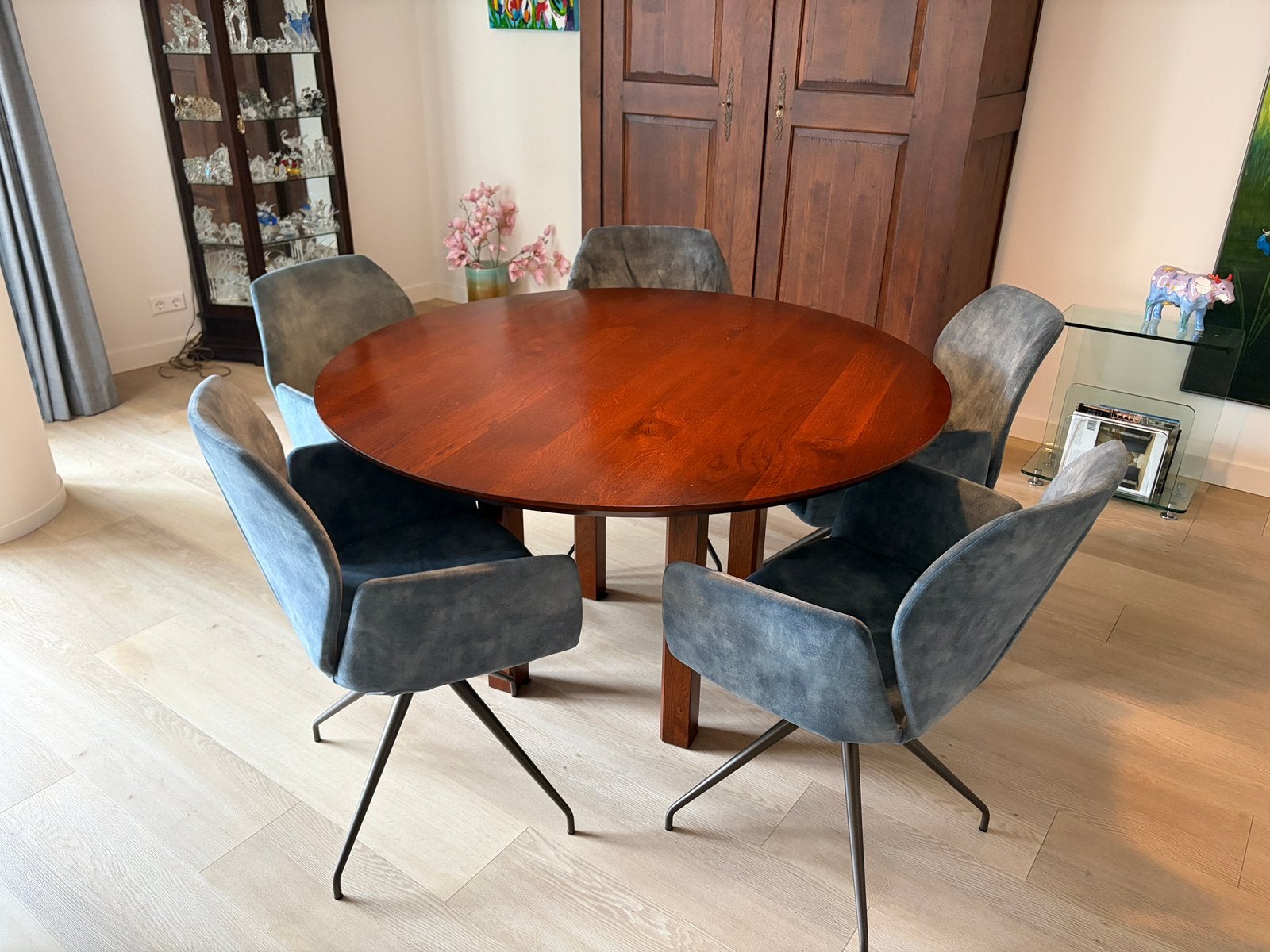 Eettafel eiken + luxe turquoise eetkamerstoelen | Nieuwstaat, Ophalen, 100 tot 150 cm, Zo goed als nieuw, Vijf personen of meer