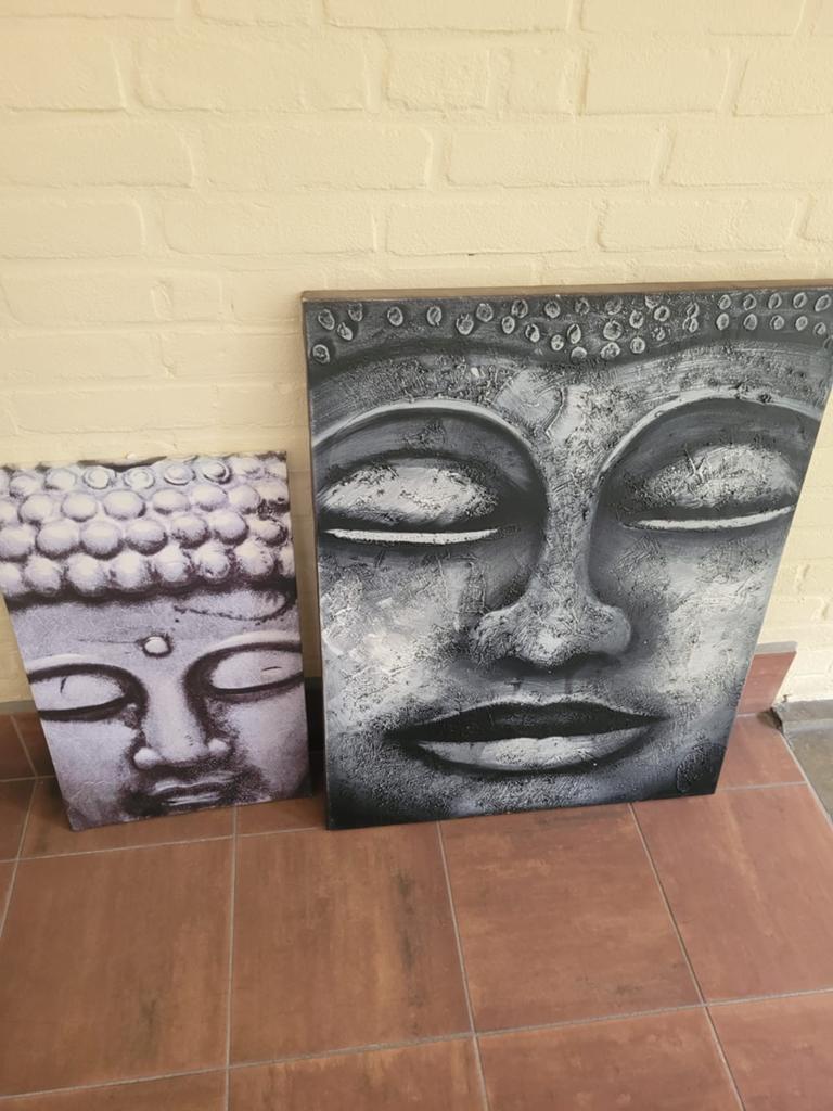 2 boeddha lijsten boedha met houten frame canvas de grootste, Ophalen of Verzenden
