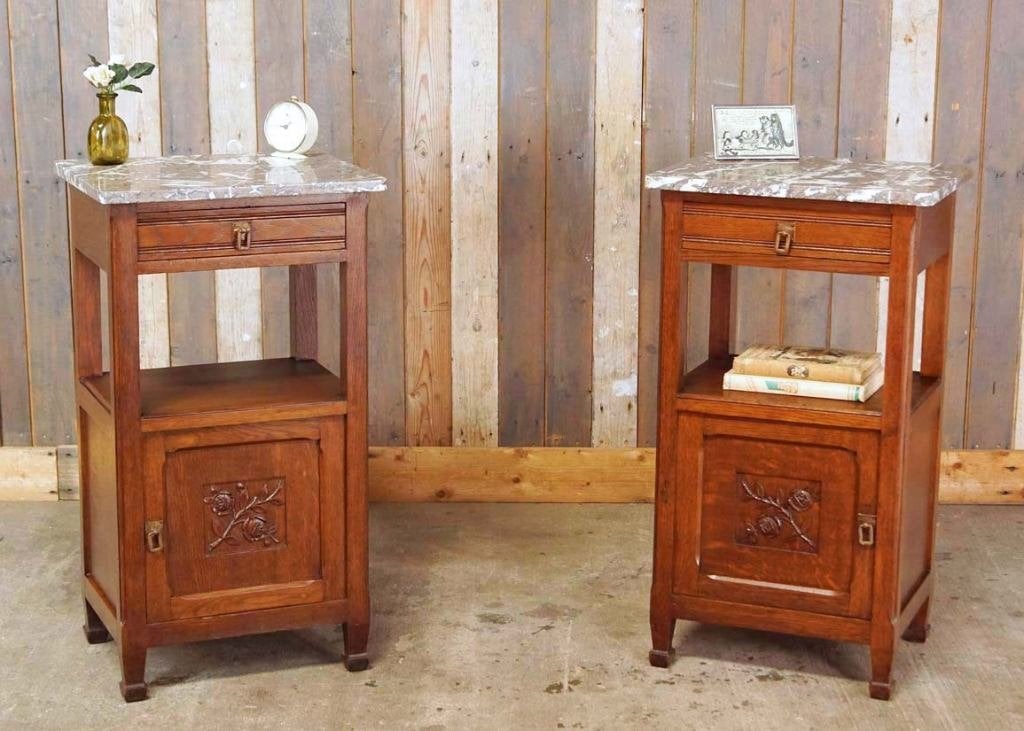 Set van twee oude antieke houten nachtkastjes marmer, Huis en Inrichting, Slaapkamer | Nachtkastjes, Ophalen, Gebruikt, --, --