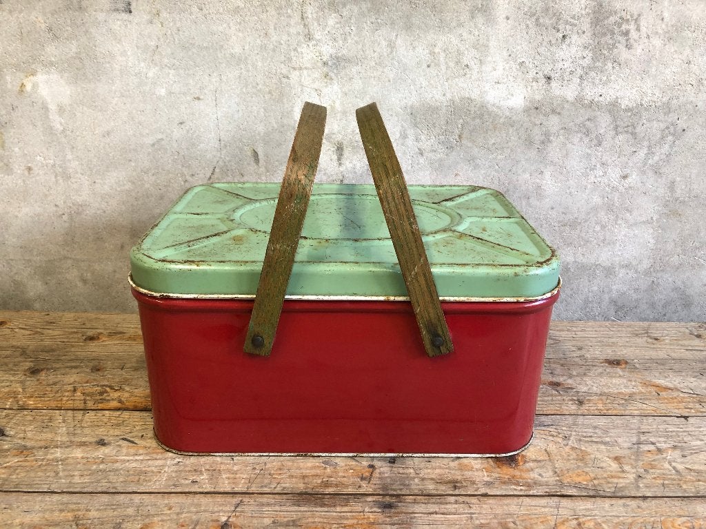 brocante metalen trommel met houten handvatten | picknick, Ophalen of Verzenden