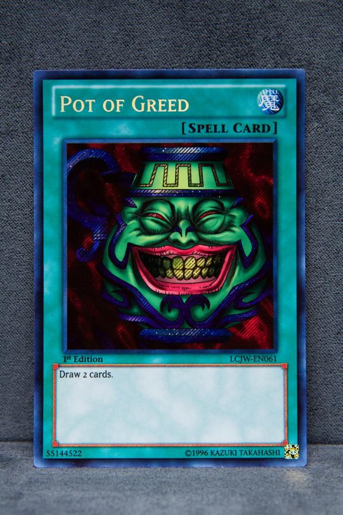 Yu-Gi-Oh! Pot of Greed LCJW-EN061 – Secret Rare 1st Edition, Ophalen of Verzenden, Zo goed als nieuw, Losse kaart, Foil