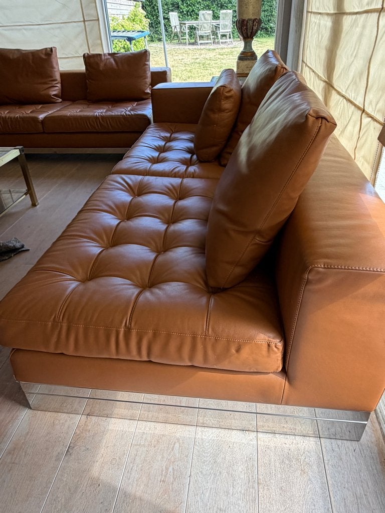 Exclusieve Molinari leren design hoekbank – cognac, Ophalen, Gebruikt, Leer, MODERN