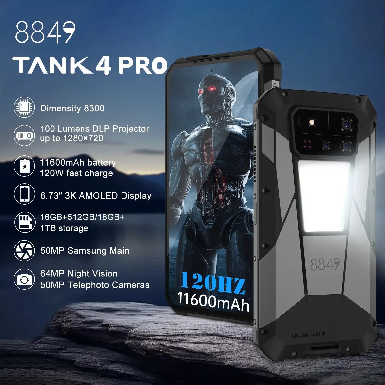 8849 TANK 4 Pro Rugged Phone met ingebouwde 720P projector, Telecommunicatie, Mobiele telefoons | Overige merken, Ophalen of Verzenden