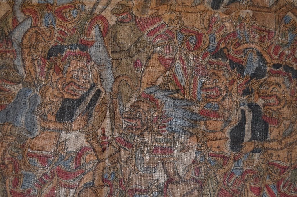 Kamasan Bali Schilderij scene Ramayana epos, Wanddecoratie, Textiel, 97 cm, Ophalen of Verzenden