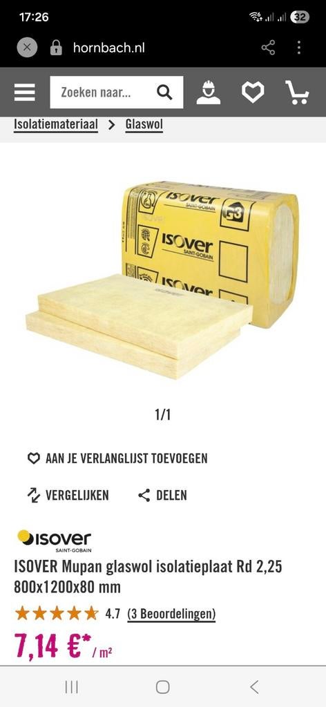 ISOVER Mupan glaswol isolatieplaat 800x1200x80 mm, Ophalen, Nieuw, Glaswol, 12 cm of meer