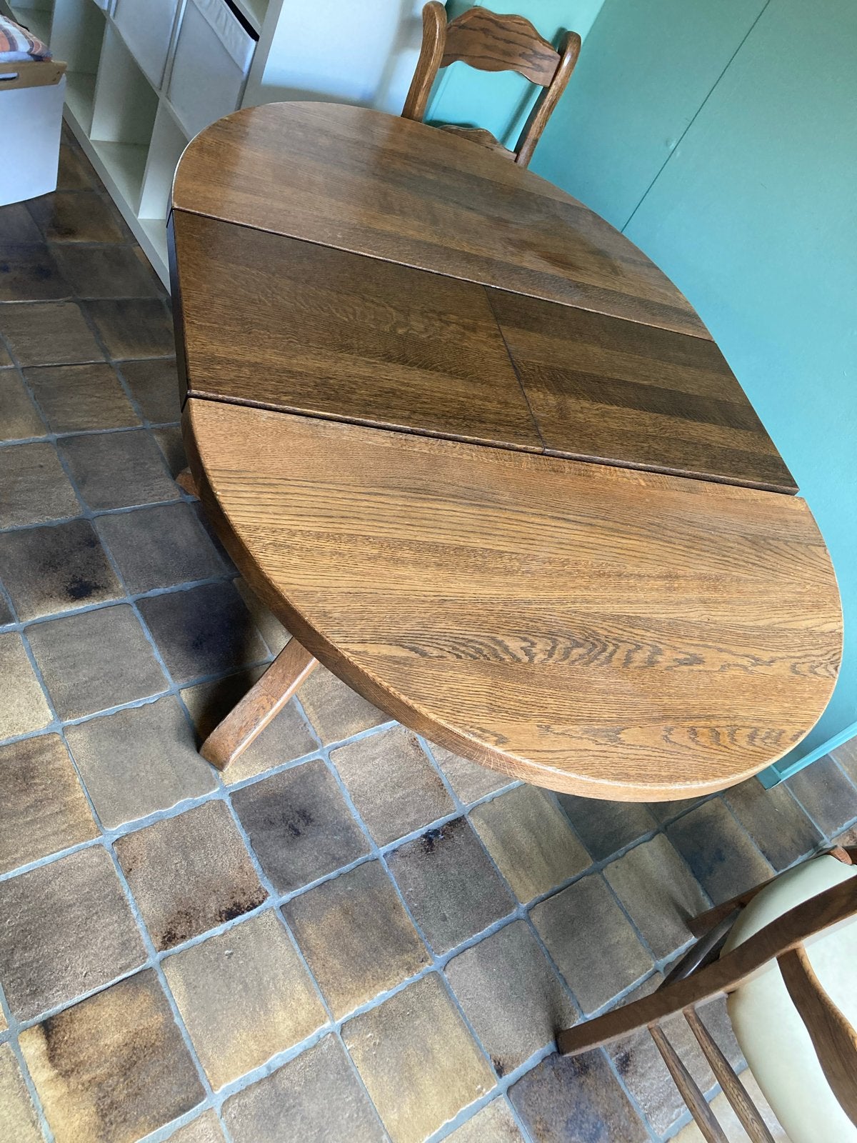 Vintage uitschuifbare ronde tafel met 4 eetkamerstoelen, Ophalen