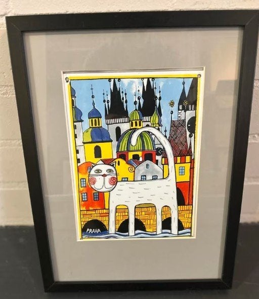 Ingelijste print van Praag met kat metaal /bord, Ophalen of Verzenden