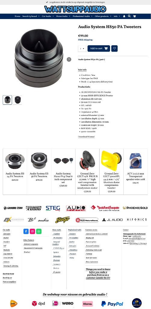 Audio System HS30 PA Tweeters ( set van 2 ), Info@optimount.nl, Nieuw, Ophalen of Verzenden, Anholtseweg 48A 7091 HB DINXPERLO