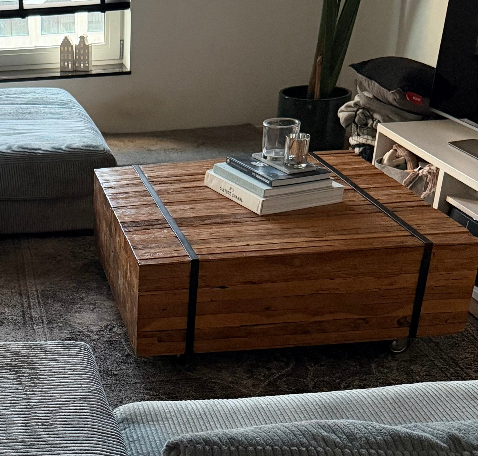 Industriële salontafel 100x100 (hout & staal), Ophalen, Gebruikt, Vierkant, 5 – 50