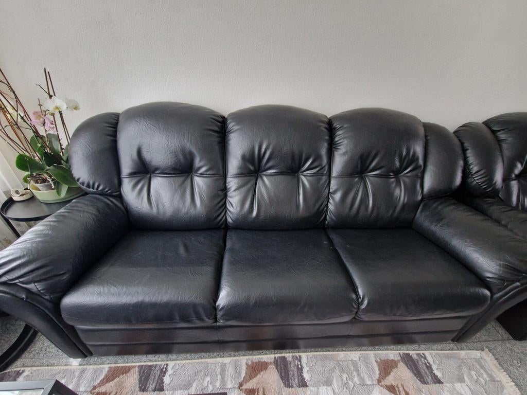 Zwarte leren bankstel (3-zits, 2-zits en fauteuil), Huis en Inrichting, Banken | Bankstellen, Gebruikt, Ophalen of Verzenden, Rechte bank