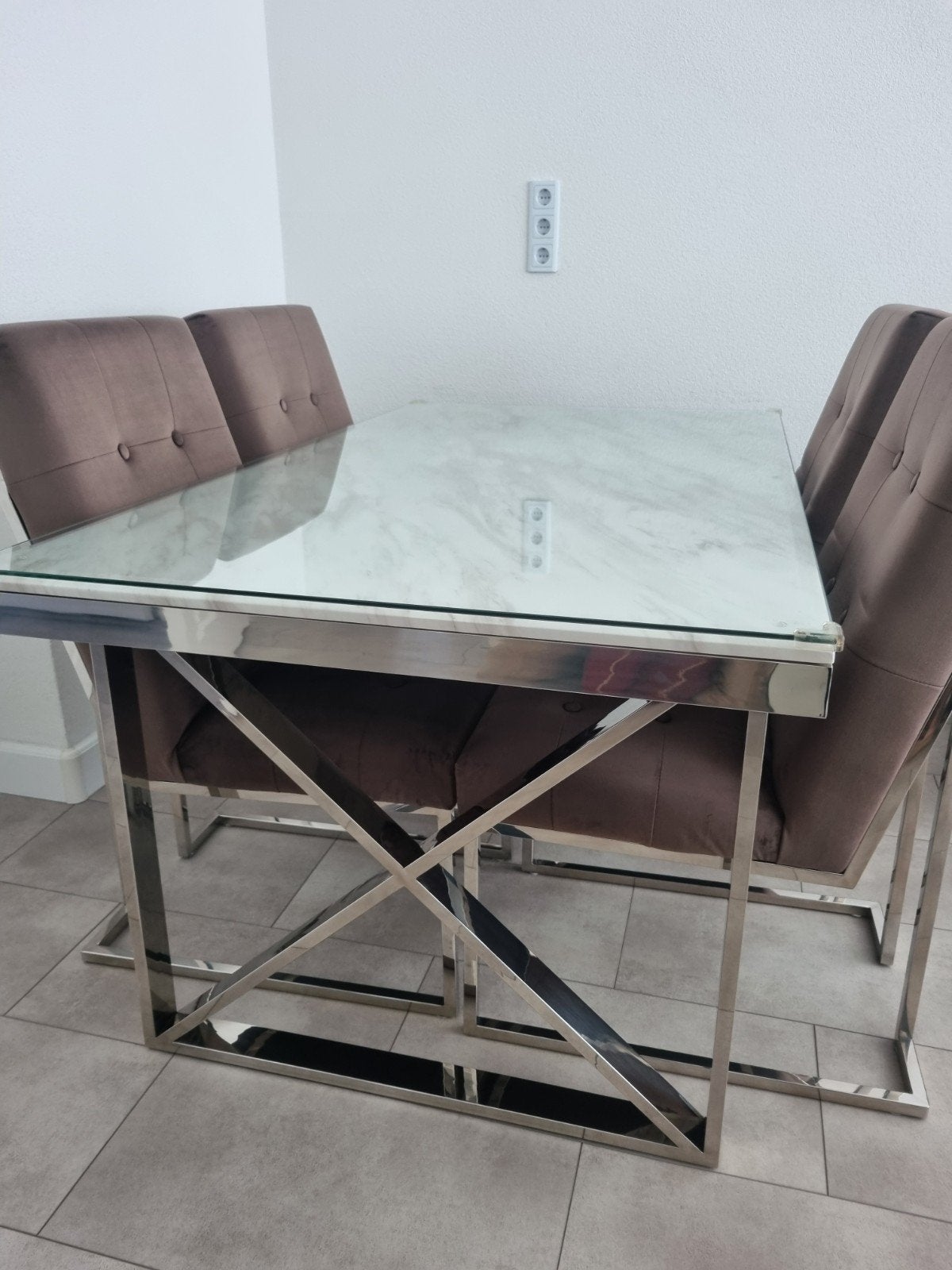 Elegante eettafel met 4 stoelen - Marmerlook en chroom, Ophalen, 100 tot 150 cm, Glas, 50 tot 100 cm