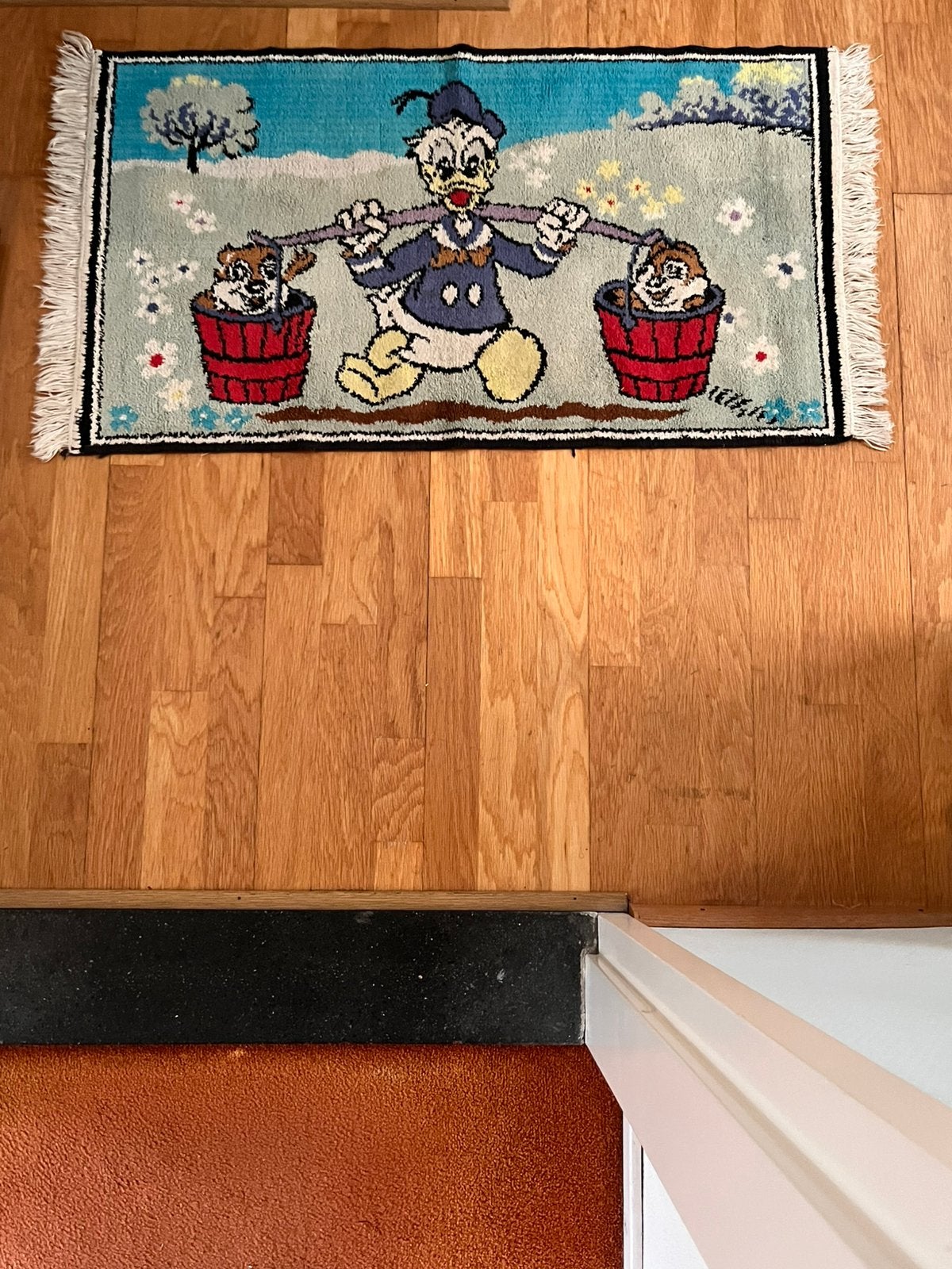 Donald Duck met Knabbel en Babbel karpet, Gebruikt, 100 tot 150 cm, Rechthoekig, 50 tot 100 cm