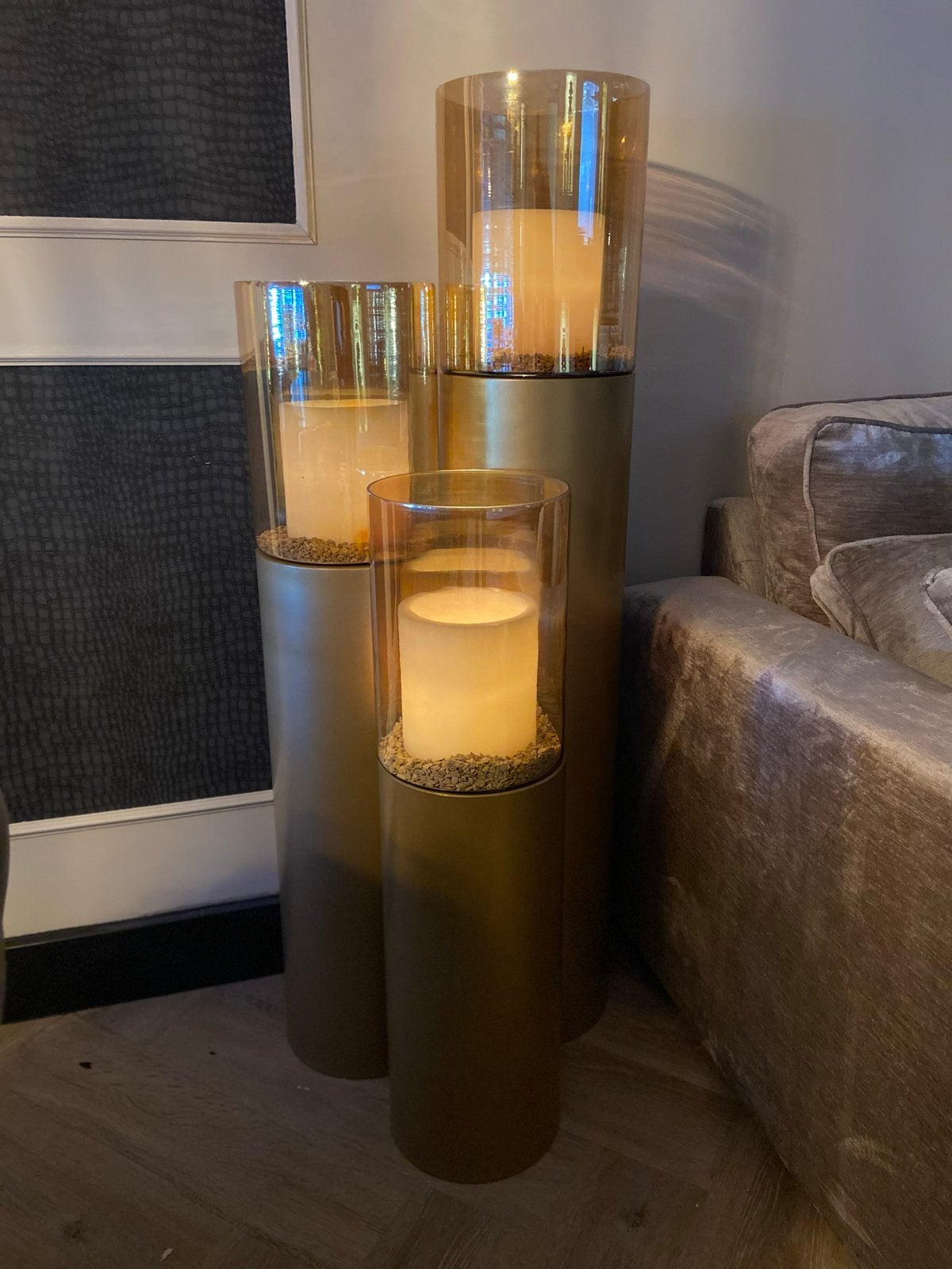 Set van 3 gouden Richmond windlichten met goudkleurig glas, Ophalen of Verzenden, Zo goed als nieuw, Goud, Japandi