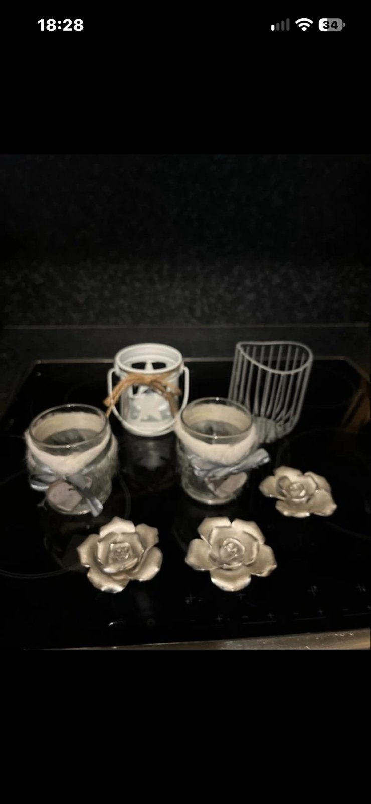 Diverse decoratie: kaarsen, kandelaars en rozen, Gebruikt, Wit, Ophalen of Verzenden, Glas