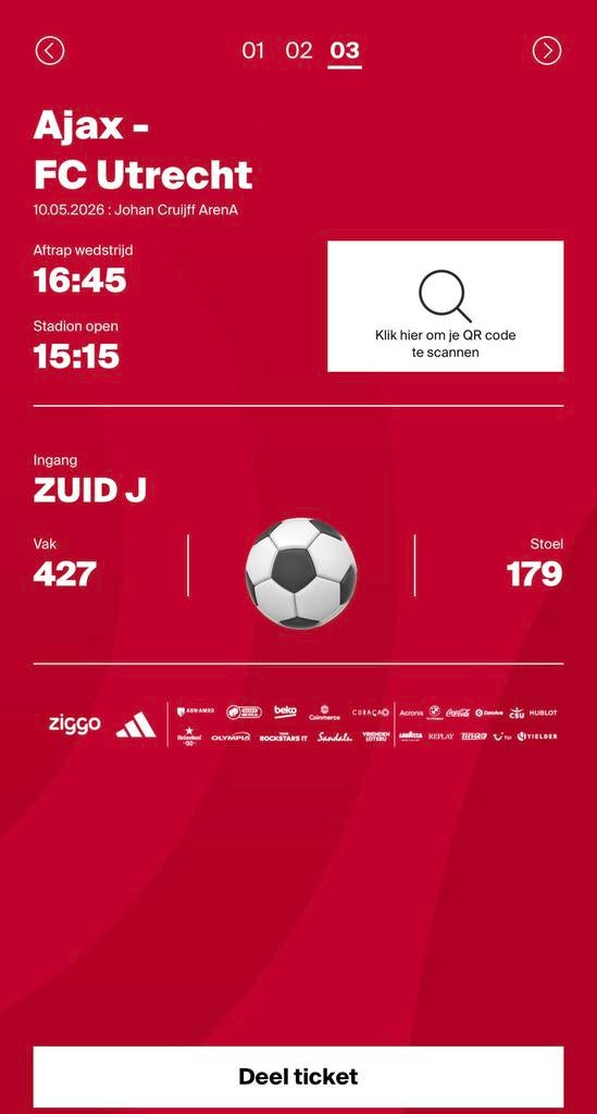 AJAX UTRECHT | 1 KAART |  ZUID J / ZUID 2 | BOVEN DE FSIDE, Eén persoon