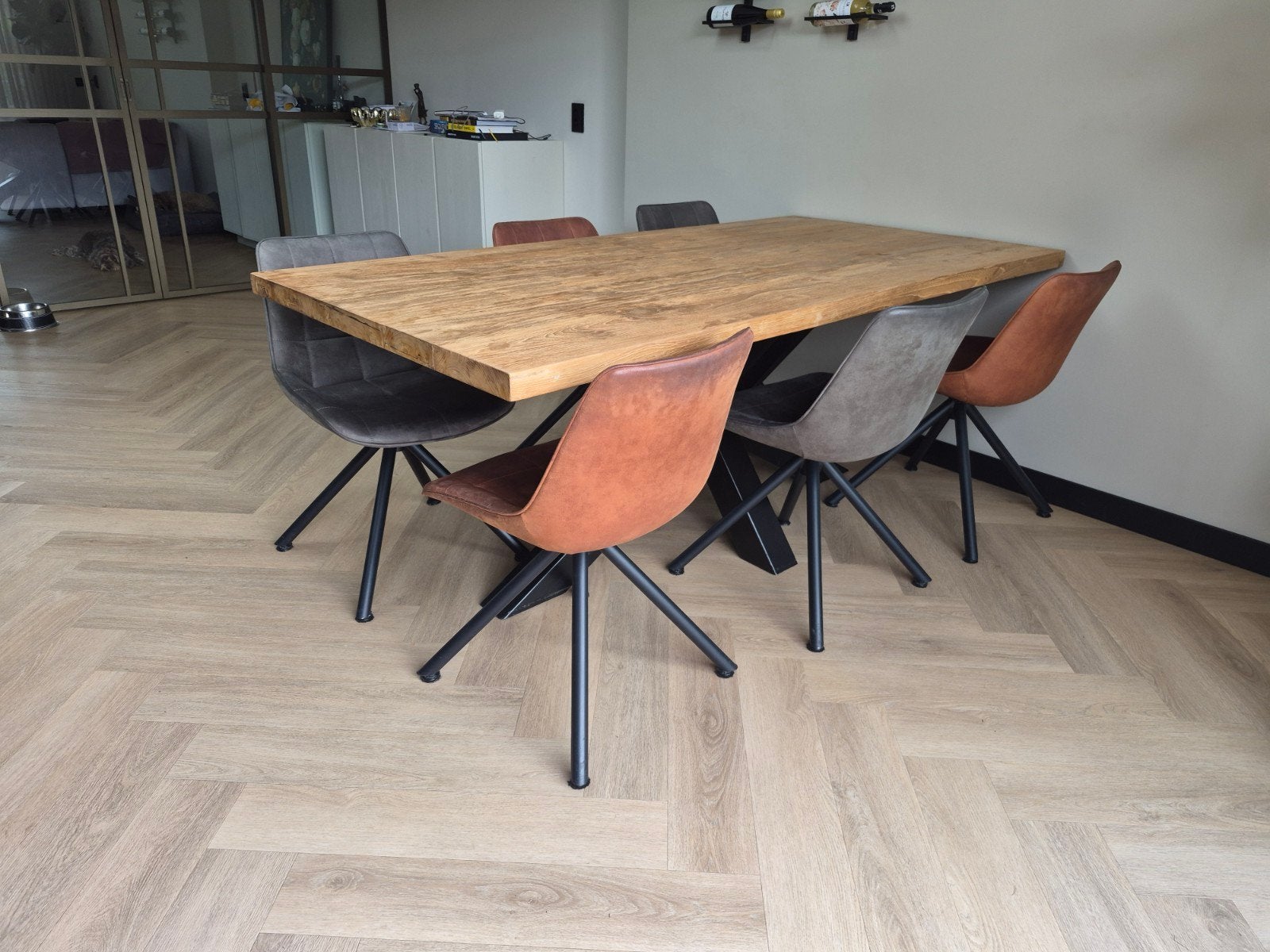 Eettafel Mango hout met 6 stoelen 200cm x 100cm, Huis en Inrichting, Tafels | Eettafels, Gebruikt, Teakhout, 200 cm of meer, Vijf personen of meer