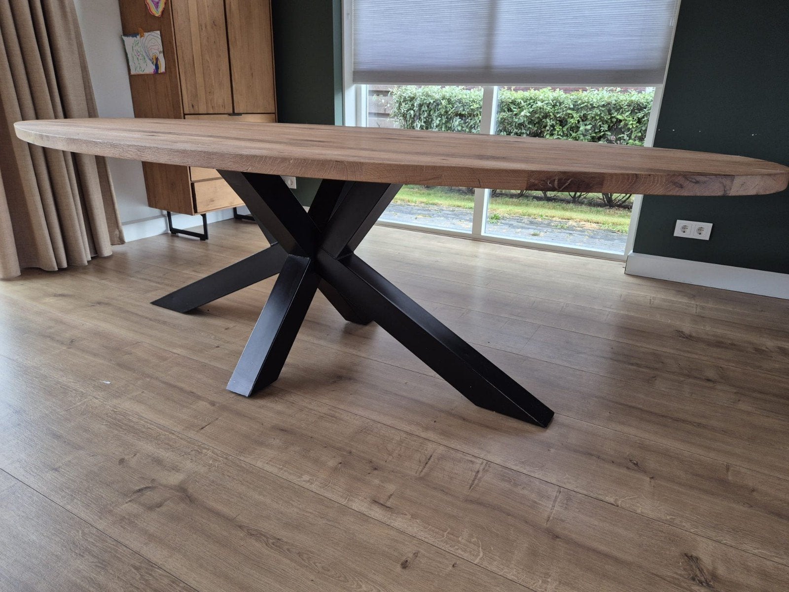 Eikenhouten ovale eettafel 260x120 met zwart metalen onderst, Ophalen, Gebruikt, 100 tot 150 cm, Modern, Industrieel