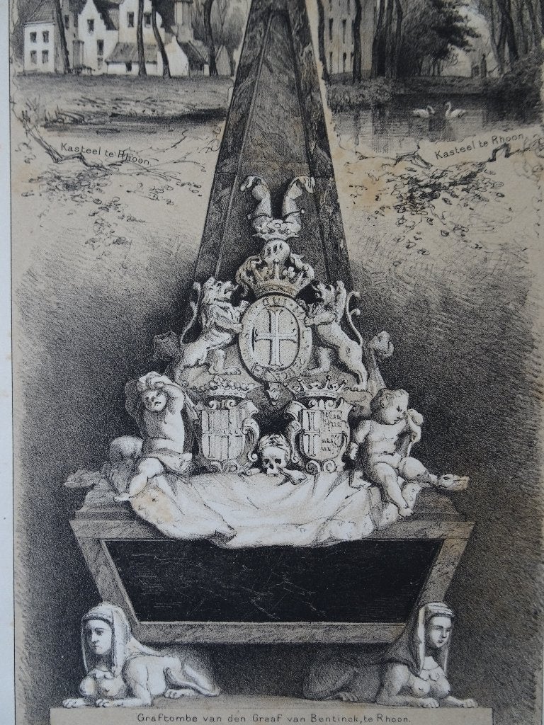 litho graftombe graaf van Bentinck kasteel Rhoon, Emrik 1880, Antiek en Kunst, Dagelijks leven, Verzenden, Gravure, Origineel