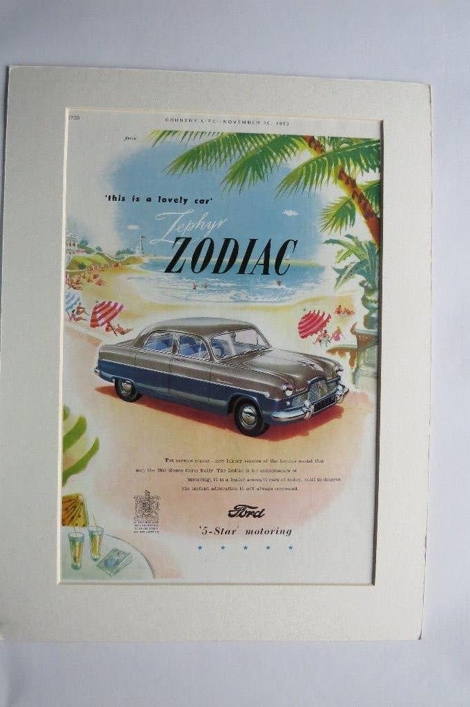 Antiek reclame drukwerk FORD ZODIAC 1953 in passe-partout., Verzamelen, Ophalen of Verzenden, Gebruikt, Reclamebord