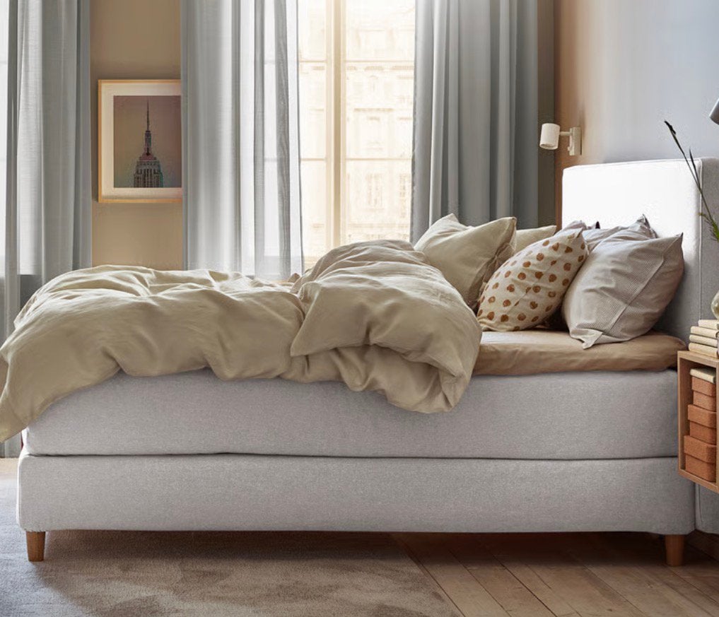 Dunvik boxspring compleet 140x200 beige, Ophalen, Beige, Tweepersoons, Boxspring nieuw staat meteen ophalen