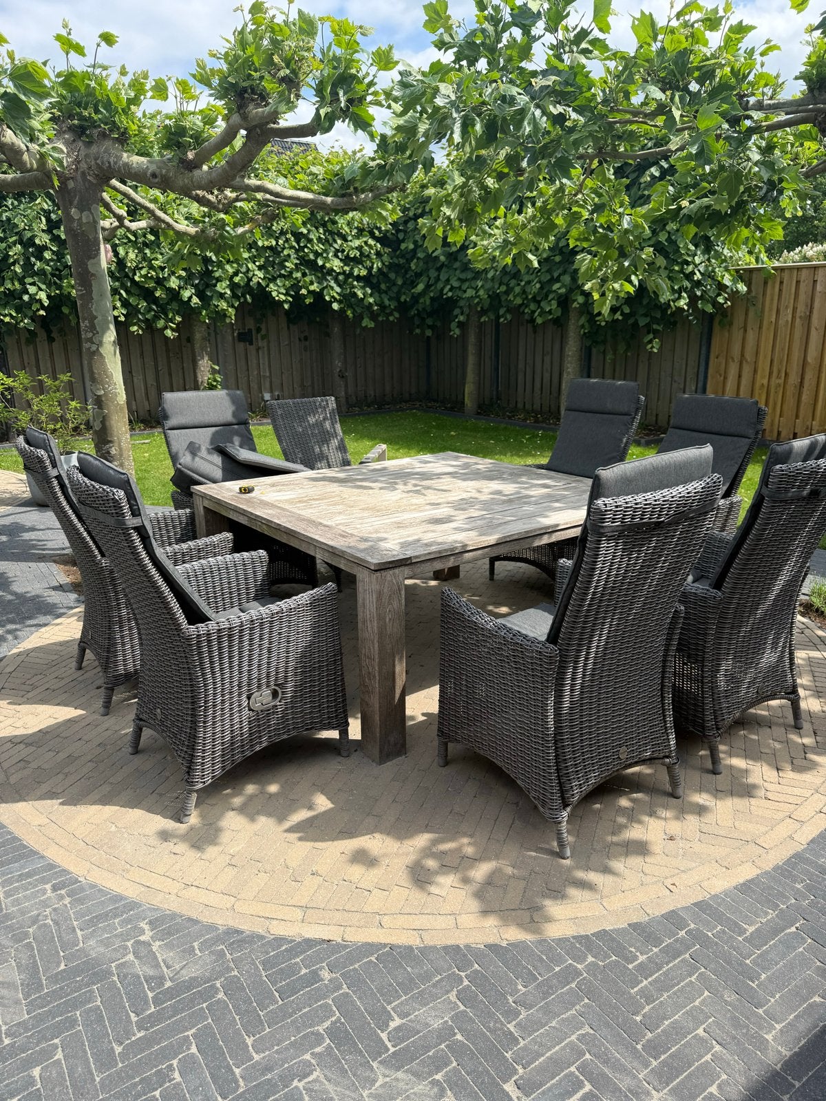 Luxe tuinset: Teakhouten tafel met 8 verstelbare stoelen, Tuin en Terras, Ophalen, Gebruikt, Eettafel, Teakhout
