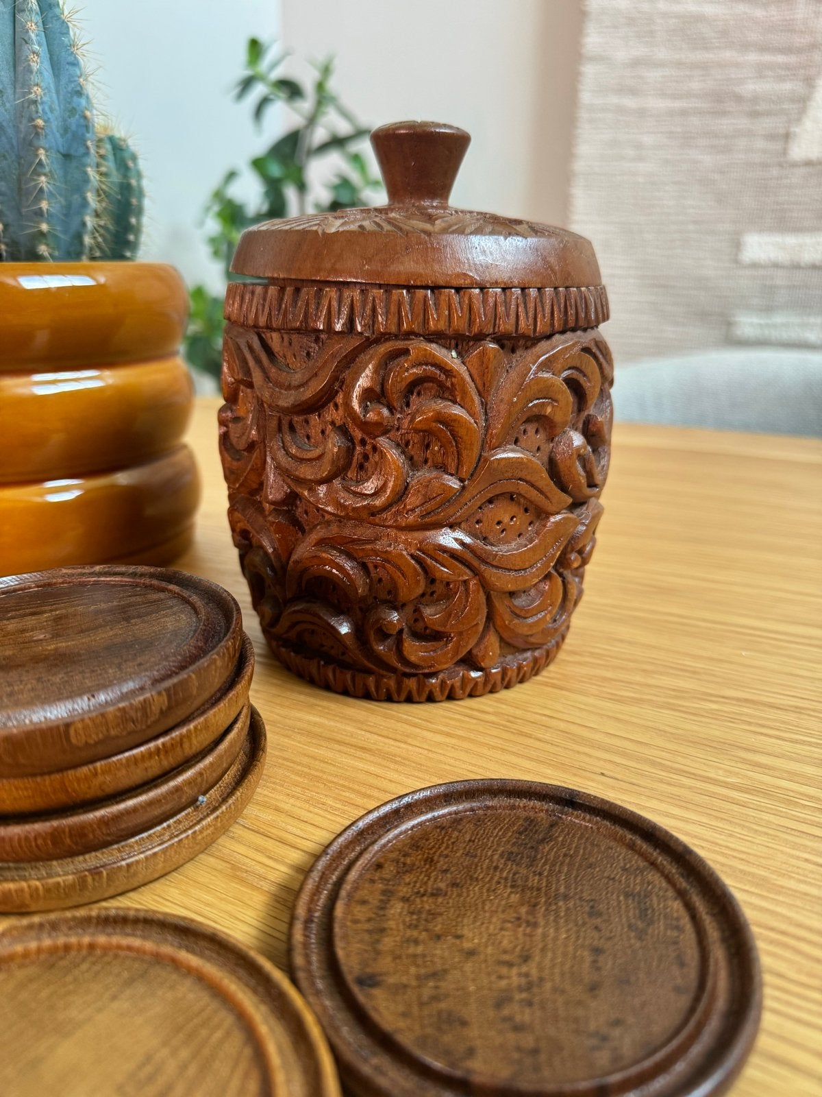 Vintage houten pot + 6 onderzetters | retro 70s boho, Antiek en Kunst, Ophalen of Verzenden