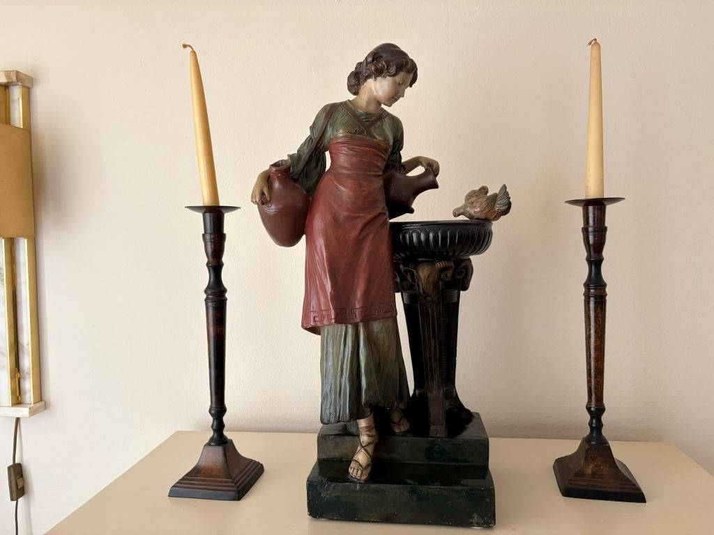 Beeld vrouw  met vogelbassin, vintage brocante zgan, Ophalen, Zo goed als nieuw, Mens