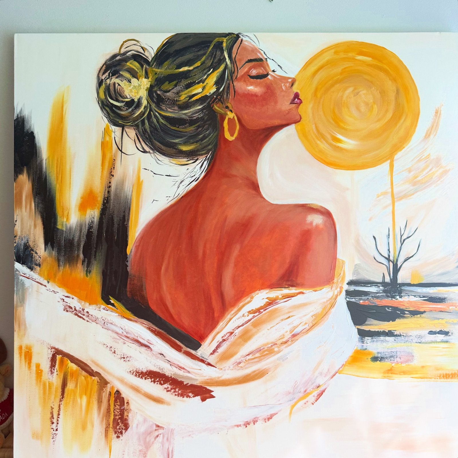 Vrouw met zonsondergang - Acrylverf op doek, Acrylverf, Handgeschilderd, Ophalen of Verzenden, Portret