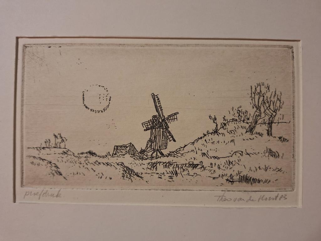 Ets proefdruk van Theo van der Horst - Landschap met molen, Ophalen of Verzenden, Landschap, Origineel, 1950 - 1999
