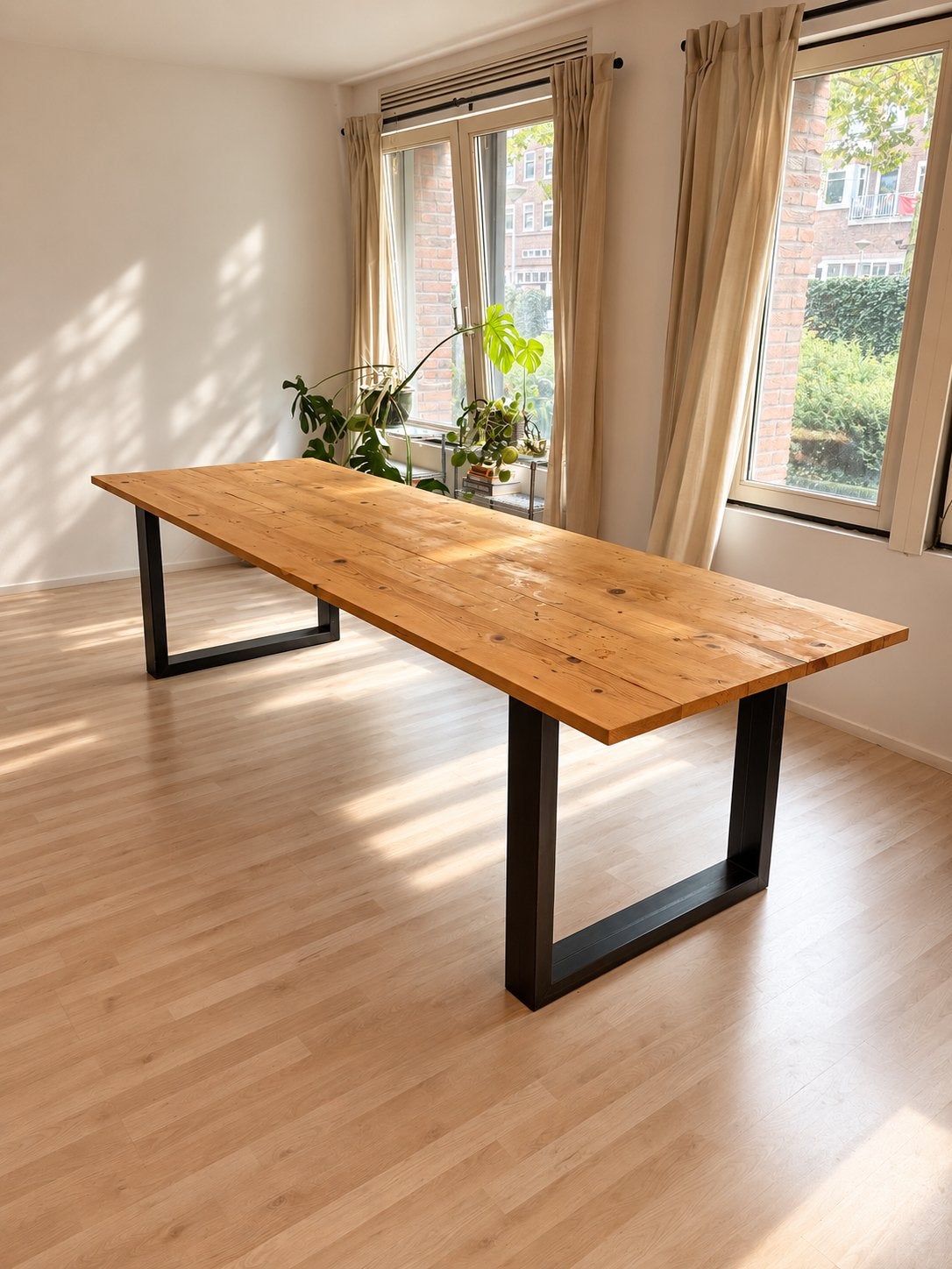 Grote handgemaakte houten eettafel 286 cm | stalen frame, Ophalen, Gebruikt, 200 cm of meer, 50 tot 100 cm