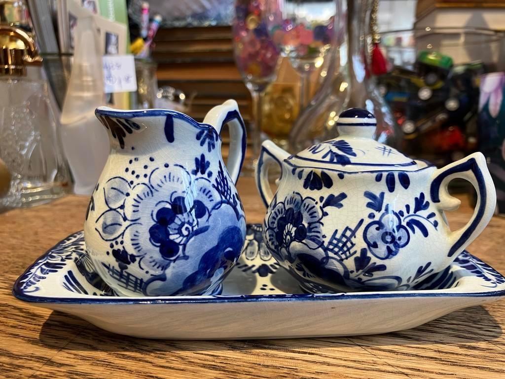 Handgeschilderd Delfts Blauw roomstelletje schaaltje, Ophalen of Verzenden