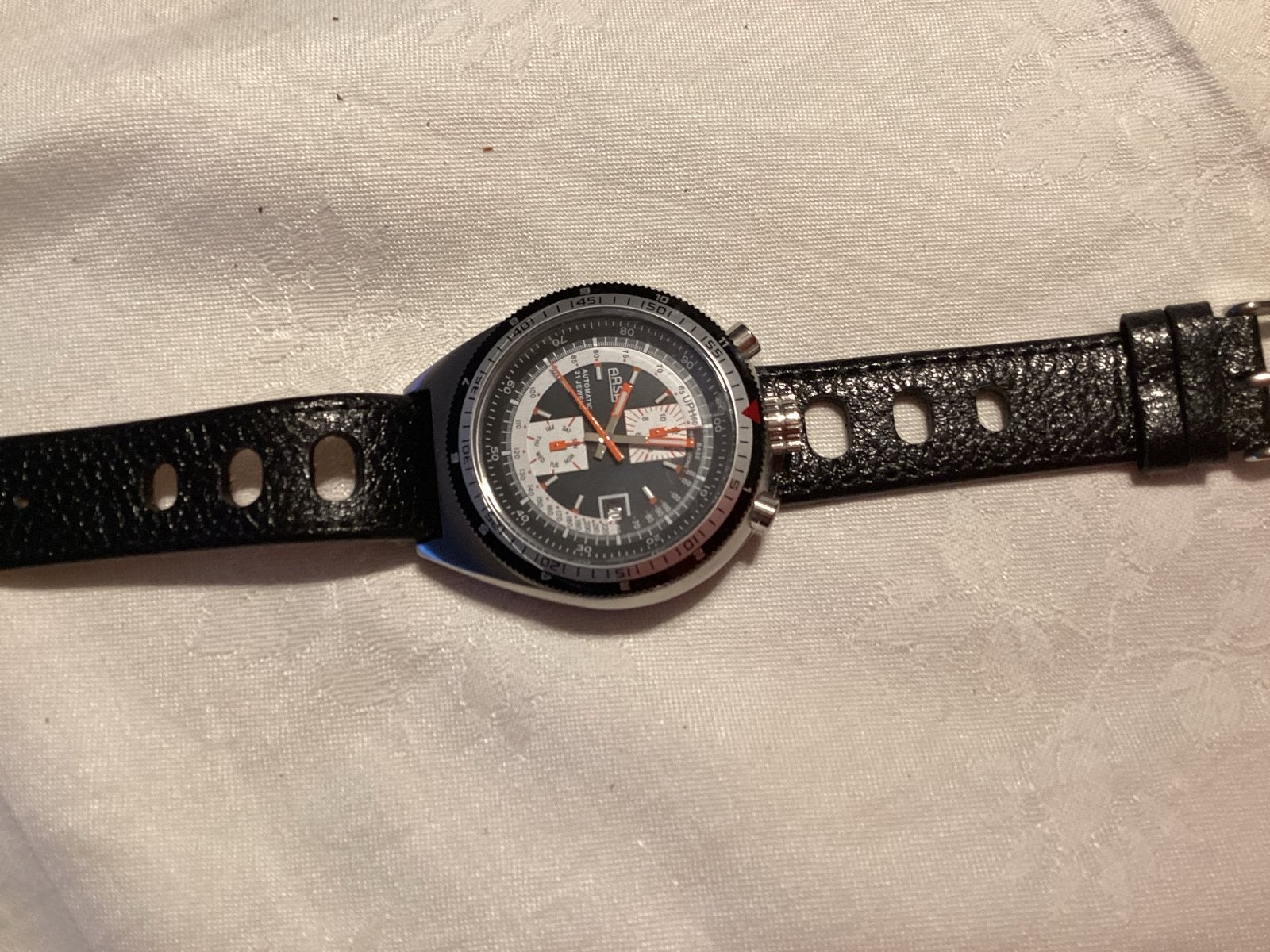 Vintage automatisch Polshorloge met Zwarte Leren Band, Sieraden, Tassen en Uiterlijk, Horloges | Heren, Overige merken, Leer, Staal