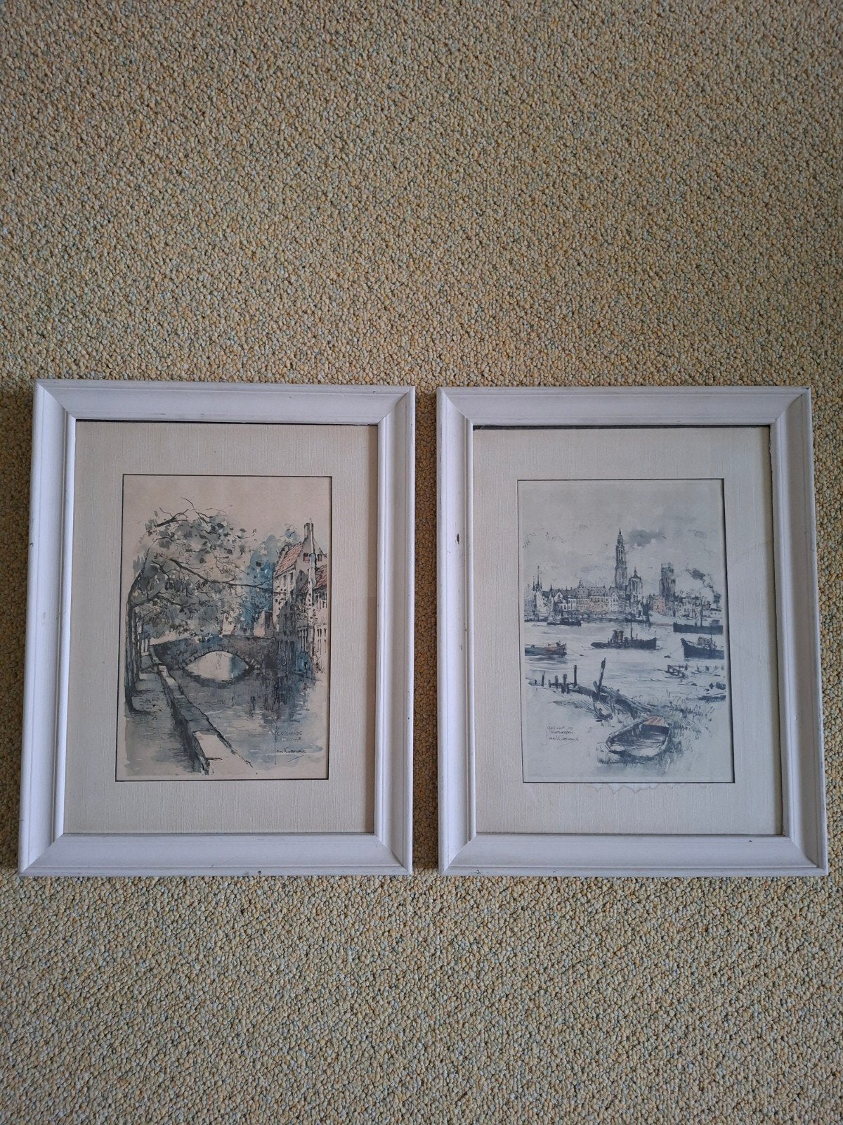 2x Jan Korthals aquarellen/ Brugge/ gezicht op Antwerpen, Ophalen of Verzenden