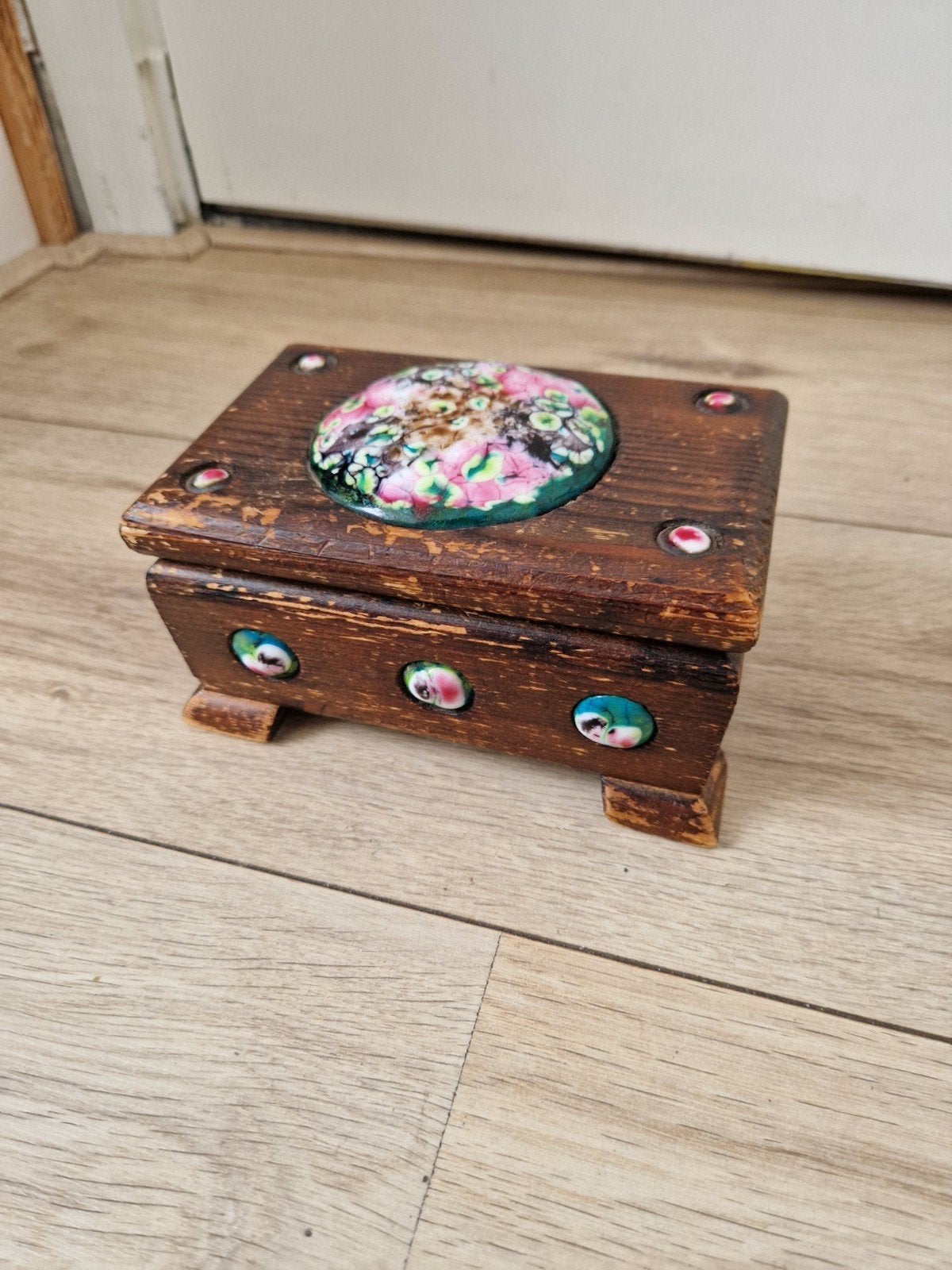 Vintage sieraden kistje met spiegel en emaille details, Ophalen of Verzenden, Zo goed als nieuw